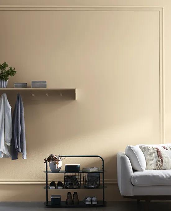 A beige-painted wall with decorative wall moulding and a mounted coat rack with shelf add style and function near a white sofa and black shoe rack with shoes.