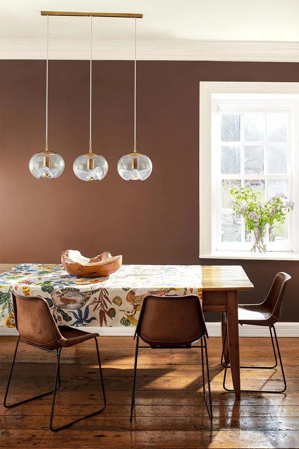 A pendant lighting fixture hangs from the ceiling above a modern dining table in a brown-painted dining room.